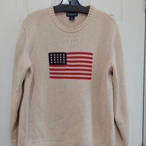 Vintage Lands End USA American Flag Graphic Sweater Mens XL 18-20 Cotton Cream